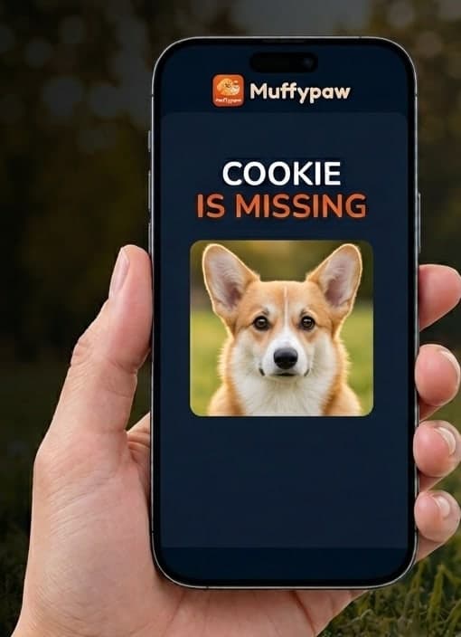 A phone showing a MuffyPaw missing-pet page for Cookie the corgi