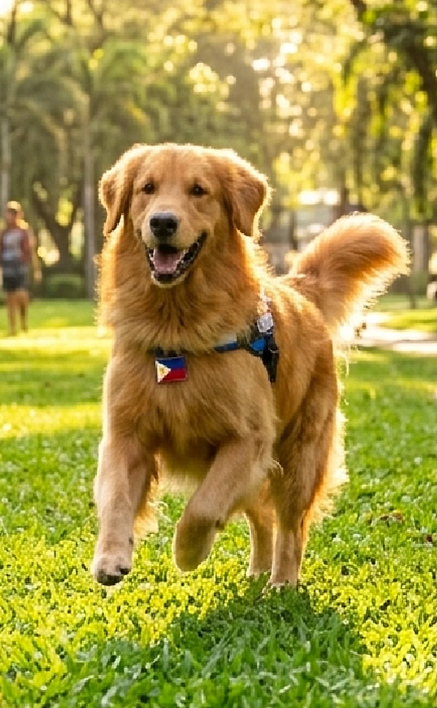 A happy golden retriever running across a park, wearing a harness with a Philippine flag patch